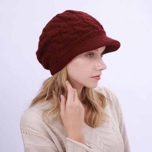 Les Femmes Tricoté Beanie Chapeau Avec Visière En Tricot Bonnet Béret Chaud De Ski Bonnets Pour L'hiver (Rouge)
