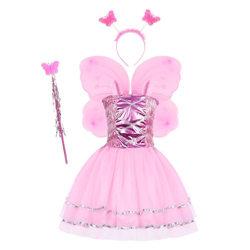 (Rose)Conte de Fées pour Enfants des Pièces de Costume de Fée, Costume de Fée Papillon Baguette de Fée Ailes Robe Bandeau Fleur de la Couronne de Fée Bandeau Princesse Costume de Fête d