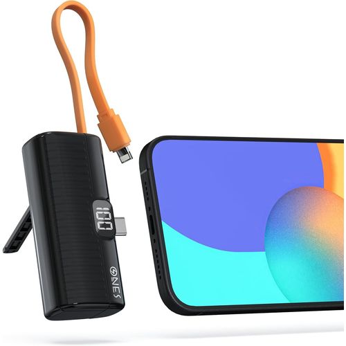 Moun-Mini Capsule Power Bank 5000 Mah - Haute Capacité,Câbles/Support Intégrés,Charge Rapide 10,5w,Compact Et Portable,Taille Mini ¿ Prise Usb-C + Câble Lighting ¿