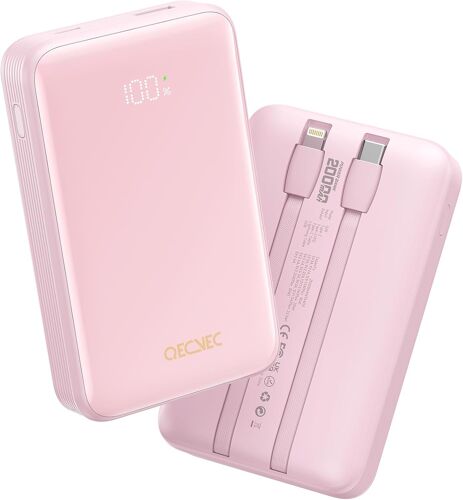 Portable Charger 20000mah With Built-In 2 Cables, 22.5w Fast Charging Battery, Led Display, Travel Battery For Ipad, Iphone, Samsung And More (Pink)