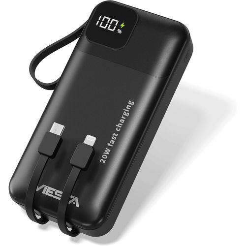 Kalcx-Powerbank Usb-C [20.000mah] Noir¿Charge Rapide 22,5 W,Pd20w Entrée Et Sortie Type-C,Câble Type-C Intégré,Câble Micro,Entrée Usb,Écran Digital Et Lampe Torche,Batterie Externe Powerbank