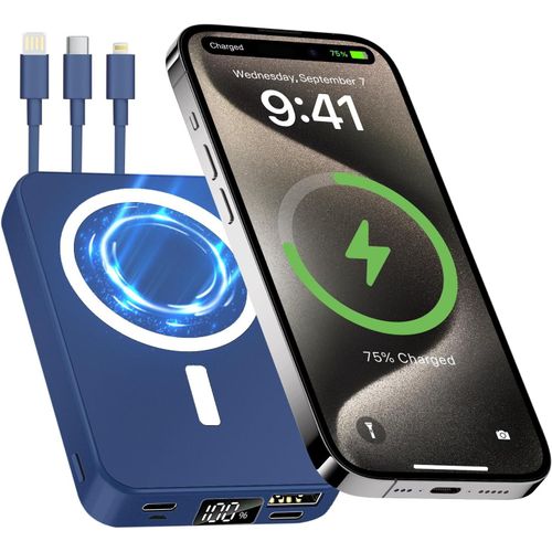 Batterie Externe 10000mah Avec 3 Câbles, Sans Fil Power Bank Charge Rapide Pd 20w, Usb C Chargeur Portable Avec Affichage Lcd,Compatible Pour Iphone 16 15 14 Pro Max Samsung (Bleu)[Bat950783]