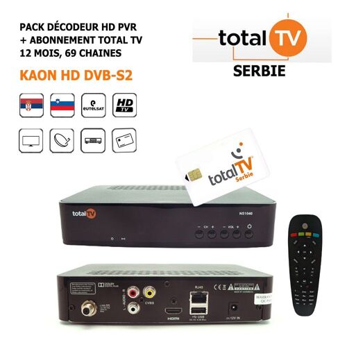 Pack Décodeur Satellite HD PVR Kaon HD DVB-S2 + Abonnement Total Tv 12 mois, 122 Chaines, Serbes, Slovènes et Serbo-Croates