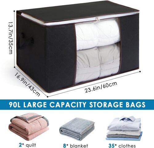Sjzg-2pcs 90l Sac De Rangement Vetement Pliable Avec Fenêtre Transparente, Non-Tissé Grande Boite Rangement Vetement Pour Couettes, Couvertures Jouets Vêtements, 60x40x35cm (Noir)