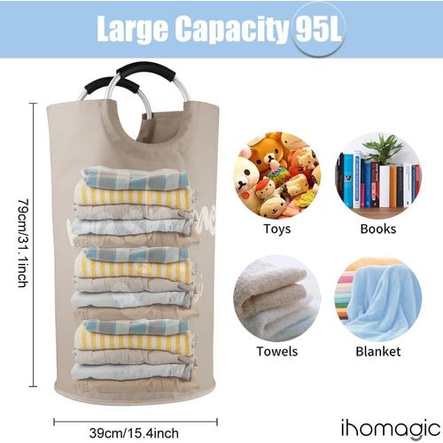TIANYI-95L Panier à Linge, Pliable Sac à Linge, Grande Capacité Corbeilles à Linge en Tissu Oxford Panier Rangement avec Poignée en Aluminium pour Salle de Bain, Dortoir 39x39x79cm - Khaki