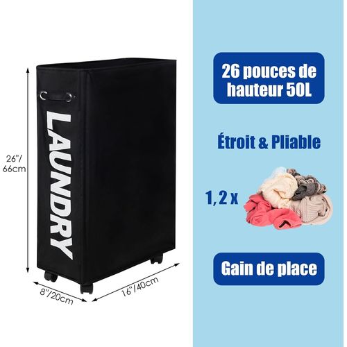 TIANYI-Panier à Linge 55L avec Roulettes, Pliable et Étroit, Grande Capacité, Bac de Rangement sur Roues pour Petit EspaceNoir