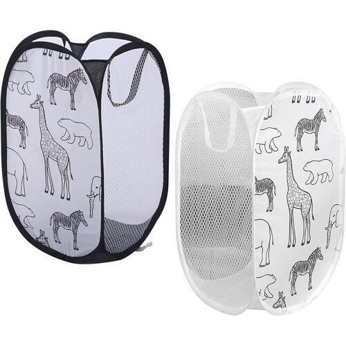 KALANKA-2 Pcs Panier à Linge, Corbeilles à Linge Pliable, Sac à Linge, Panier à Linge Pliable Pop Up avec Manipuler, pour Organiser Chambre denfants, Jouets, Vêtement, 30 x 30 x 48 cm (Noir et Blanc)