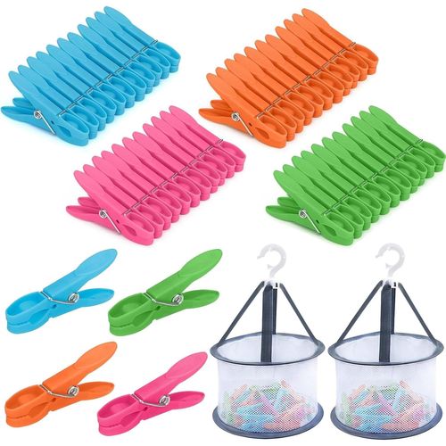 SUBZONAL-STFYUG 48 Pince a Linge avec 2 Panier Pince à Linge, Epingle a Linge, Pinces à Linge Extérieur Solides, Pinces Agrippantes en Plastique Recyclé pour Corde à Linge Et Étendoir