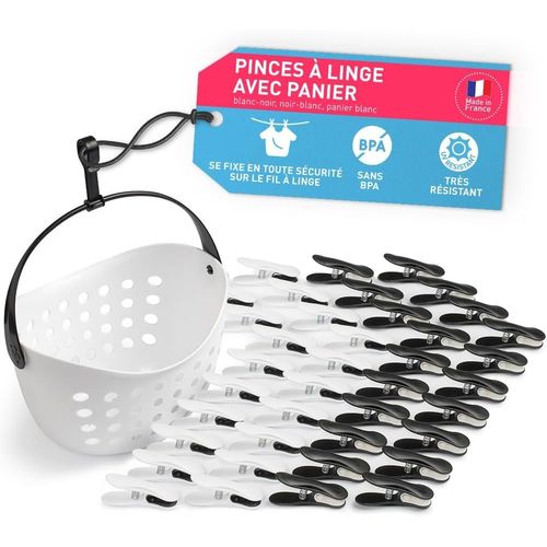 ERSAN-Pince a Linge Soft Clips \u2013 Panier Epingle a Linge \u2013 Fabriqué en France \u2013 Blanc-Noir avec Panier Blanc \u2013 Lot de 40 Pinces + 1 Panier