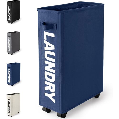 TIANYI-Slim Panier à Linge Pliable avec 4 Roues Mince et Pliant Corbeilles à Linge Tissu Oxford Petit Étroit Bac à Linge avec Roues, Panier de Vêtements Sales, Collecteur de Buanderie(Bleu Foncé)