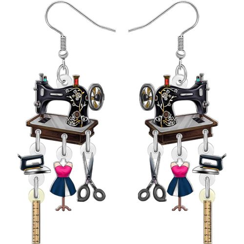 KAL-Boucles D'Oreilles Vintage En Acrylique Faites À La Main Avec Machine À Coudre Des Années 70 Et 80 - Boucles D'Oreilles Légères - Idée Cadeau Pour Femme, Maman, Tailleur Et Amateurs De