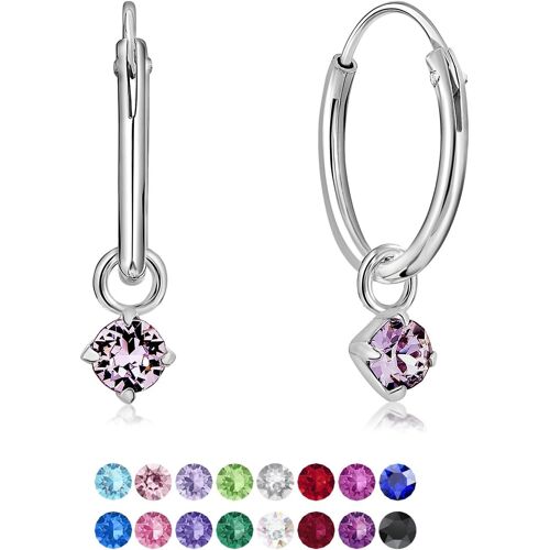Kal-® Boucles D'oreilles Petites Créoles En Argent Fin 925 Avec Petit Pendentif 3 Mm Cristaux De Swarovski® Elements Ronds - Épaisseur 1.5 Mm - Diamètre: 14 Mm - Choix De Différentes Couleurs