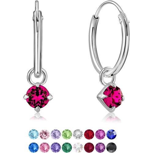 Kal-® Boucles D'oreilles Petites Créoles En Argent Fin 925 Avec Petit Pendentif 3 Mm Cristaux De Swarovski® Elements Ronds - Épaisseur 1.5 Mm - Diamètre: 14 Mm - Choix De Différentes Couleurs