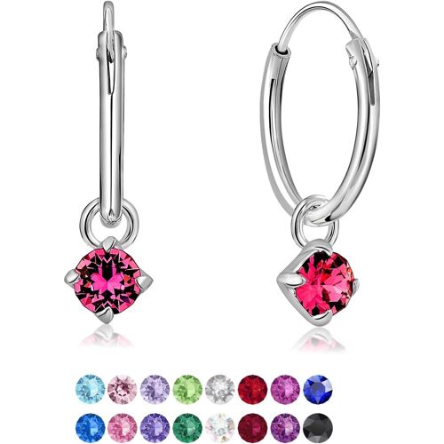 Kal-® Boucles D'oreilles Petites Créoles En Argent Fin 925 Avec Petit Pendentif 3 Mm Cristaux De Swarovski® Elements Ronds - Épaisseur 1.5 Mm - Diamètre: 14 Mm - Choix De Différentes Couleurs