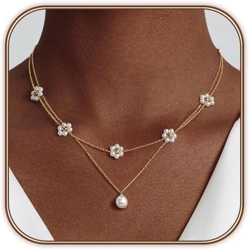 Jum-Collier Perles Pour Femmes,Réglable Collier En Acier Inoxydable Plaqué Or 14k Avec Couches De Chaînes Parure Bijoux Mariage Fiançailles