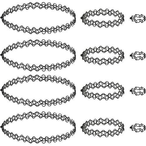 Choker Chain Set, 12 Pieces Elastic Necklace Choker Stretch Necklace Bracelet Ring For Women - Black