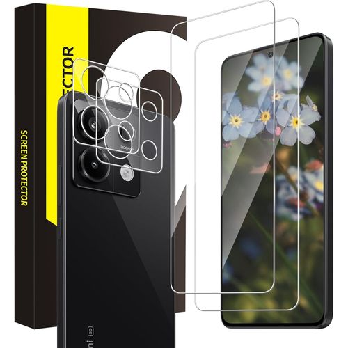 Kal-2+2 Pack Verre Trempé Pour Xiaomi Redmi Note 13 5g Film, De Dureté 9h Vitre Protection+Film D'objectif, Bords Arrondis 2,5d, Sans Bulles, Hd Claire Xiaomi Redmi Note 13 5g Protection Écran