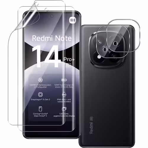 CAUC-2 Pièces Protection D'écran Film pour Xiaomi Redmi Note 14 Pro Plus / 14 Pro+ 5G avec 2 Pièces Protecteur de Caméra Verre Trempé, TPU Film Protection Écran, Sans Bulles, facile à installer