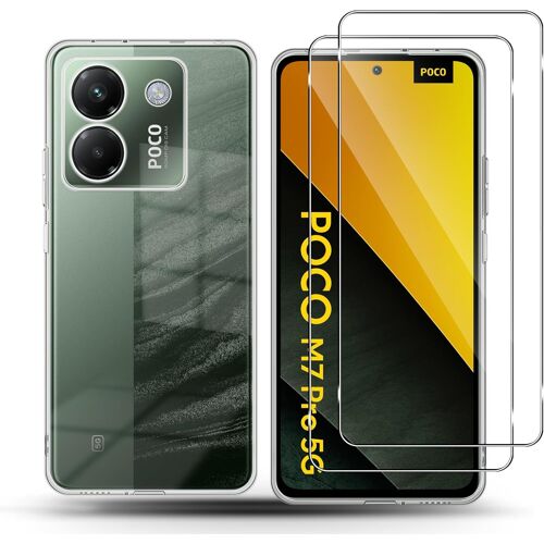 KALANKA-Coque pour Xiaomi Poco M7 Pro 5G et 2 Pièces Verre Trempé, Anti-Rayures Film Protection écran, Souple TPU Case Mince Étui Antichoc Anti-Jaune Bumper Housse, Transparent