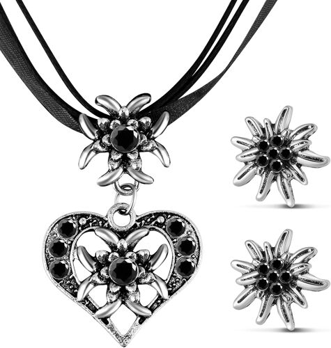 3 Pcs Set De Bijoux D'edelweiss Fantaisie Bijoux De Dirndl Bavarois Collier D'edelweiss Strass Avec Pendentif Coeur Boucles D'oreilles D'edelweiß Pour Fête De Bière Traditionnelle