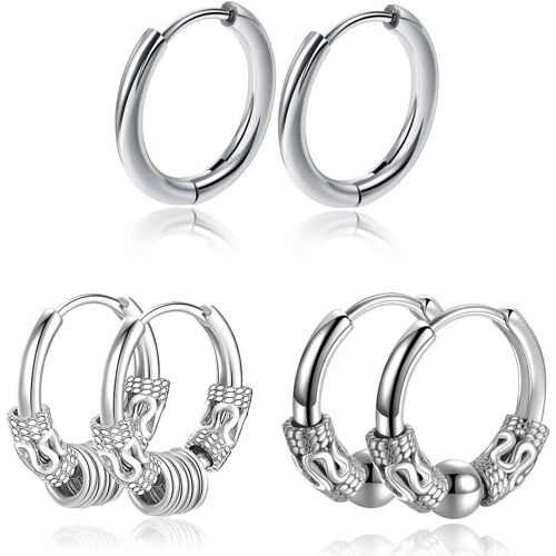Boucle D'oreille Homme,Boucles D'oreilles Femme,Boucle D'oreille Femme,Personnalité Studs Vintage Hoop Boucles D'oreilles, Boucles D'oreilles Rondes (3 Paires D'argent)
