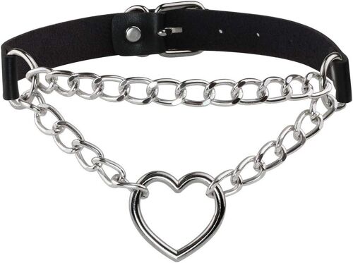 Choker Punk Gothique Cuir Pu Ras De Cou À Chaîne Coeur Collier Rock Femme Homme Réglable