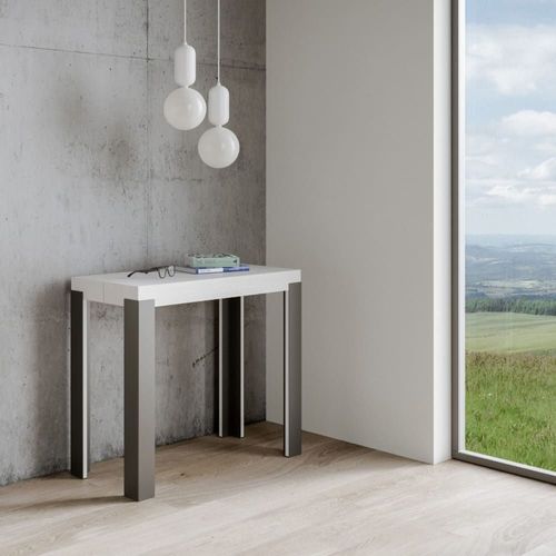 Console Extensible Effet Bois Frêne Blanc 90x40/196 Cm