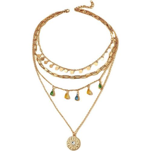 Jum-Collier Femme Bijoux En Acier Inoxydable Chaine Or Avec Pendentif Et Gouttes Colorées Pour Toutes Les Occasions