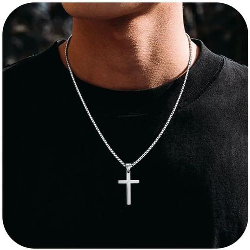 Kal-Collier Croix Homme Acier Inoxydable Argent Pendentif Bijoux Cadeaux Pour Hommes 16"-24" Croix Chretienne Chaine Homme