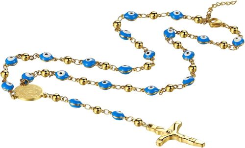 Kal-Collier Chapelet Mauvais ?il : Chapelet Chaîne En Y Croix Catholique De La Vierge Marie En Acier Inoxydable Chapelet Pour Hommes Et Femmes, Acier Inoxydable