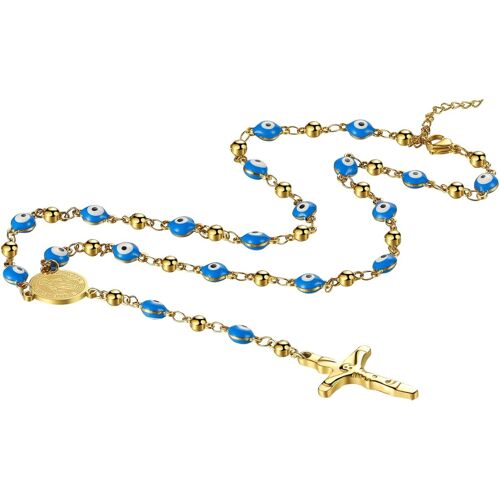 Kal-Collier Chapelet Mauvais ?il : Chapelet Chaîne En Y Croix Catholique De La Vierge Marie En Acier Inoxydable Chapelet Pour Hommes Et Femmes, Acier Inoxydable