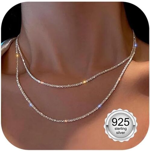 2 Pieces Women's Silver Chain Necklace Choker Singapore Chain Rope Chain Shiny Stackable Adjustable Chain Necklace For Women Girls