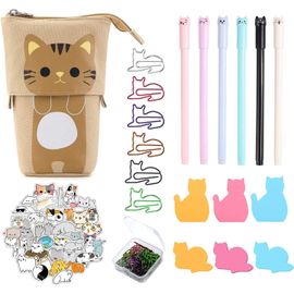 Monst-Trousse Scolaire Enfants Kit, 1 Chat Plumier/Porte Stylo, 6 Stylos Gel, 30 Chat Trombone, 50 Chat Autocollants, Sticky Notes, Cadeaux Pour Filles
