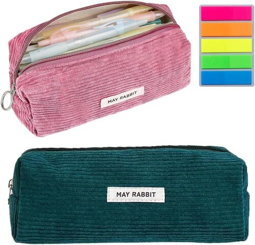 Chenquansarl-Lot De 2 Trousses À Crayons, En Tissu Côtelé, Grande Capacité De Rangement, Pour L'école, Le Bureau, Les Voyages (Rouge Rose, Vert Foncé), Rouge Rose, Vert Foncé, 1, Moderne