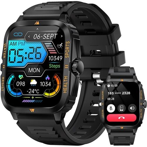 Montre Connectée Militaire Homme Femme, Smartwatch avec Appel BT, 3ATM Étanche Montre Intelligente 100+ Sportifs Montre Podomètre Fréquence Cardiaque Tension Artérielle SpO2 Tracker Sommeil