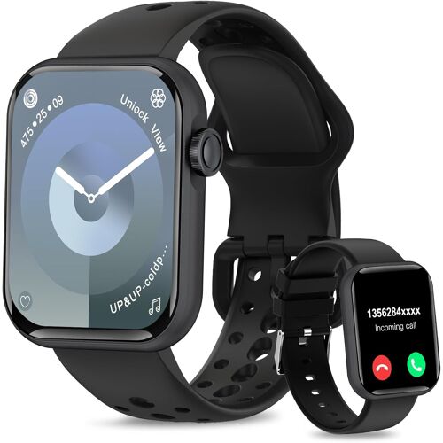Montre Connectée (2 Straps) Hd 1,83"" Pour Homme Et Femme Avec Appel Bluetooth, Moniteur De Fréquence Cardiaque Et De Sommeil, Étanchéité Ip67, Tracker De Fitness Ios Android, Noir