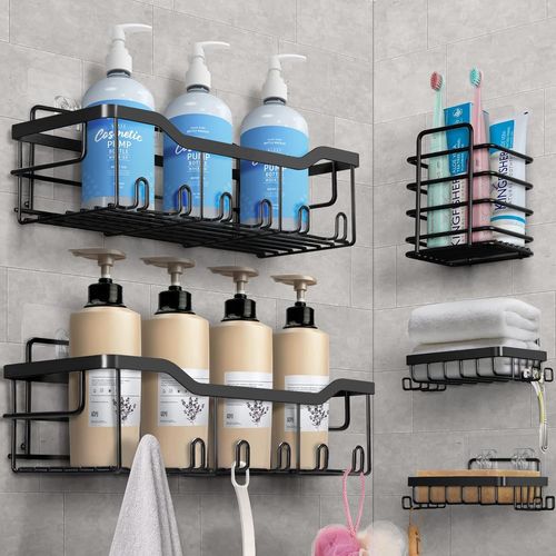 Loc-Etagère Douche Sans Percage,5 Pcs Etagere Rangement,Accessoire De Salle De Bain En Acier Inoxydable 304,Rangement Douche Noir