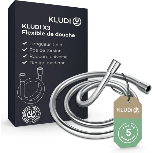 SUBZONAL-KLUDI-X3 Flexible de douche universel 1,60 m, facile à nettoyer, flexible avec double protection anti-torsion, flexible douce résistant aux plis avec raccord standard G1/2, chromé