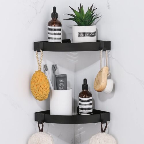 Étagère d'angle de Douche, Etagere Salle de Bain sans Percage Acier Inoxydable Panier de Rangement de Cuisine Organisation de Douche avec 4 Crochets, Porte Shampoing Douche Noir