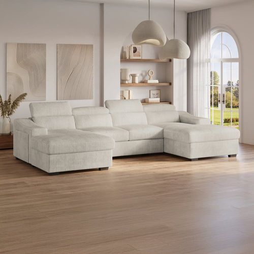 Canapé Panoramique 6 Places En Velours Beige