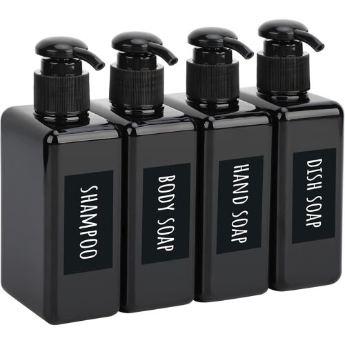 Distributeur de Savon Carrée,4 Pièces 200ml Rechargeable Lotion Bouteille de Shampoing,avec Étiquette Imperméable et Manuscrite,Flacon Pompe pour Gel Douche,Savon pour Les Mains- Noir