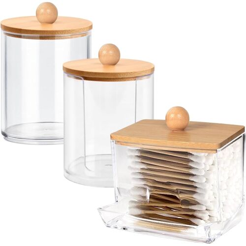 Kalanka-Boîte À Coton-Tiges Avec Couvercle En Bambou ¿ Ensemble 3 Pièces Distributeur De Cotons En Acrylique Transparent Pour Rangement-Tiges, Cotons Démaquillants Et Petits Accessoires 