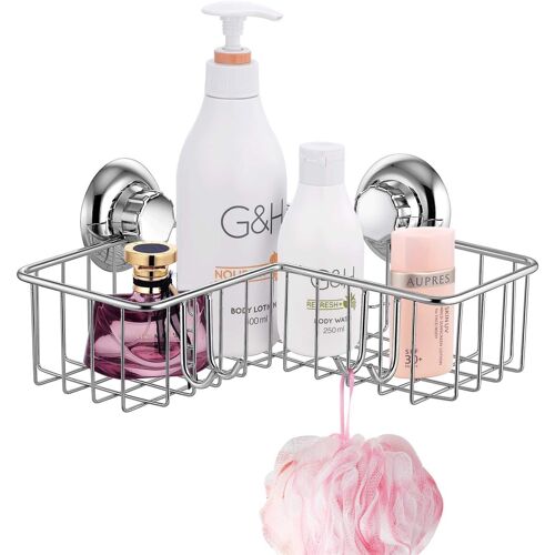 Panier de Douche Profond-Ventouse Système de vide-Etagère d`Angle de Douche avec 4 Crochets-Acier Inoxydable Ne Rouille Jamais-Étagère de Rangement pour Salle de Bain et Cuisine