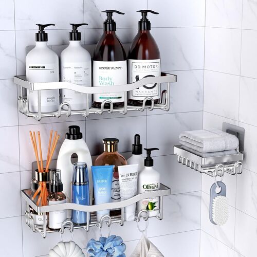 Antirouille Acier Inoxydable Etagere Douche sans Percage 3 Pcs, Rangement Salle de Bain, Salle de Bain Accessoire, Ensemble Porte-Brosse Dents et Savon, Etagere Rangement Murale, Argent