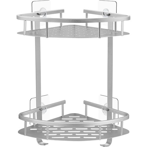 Loc-Etagere Douche Sans Percage D'Angle-Etagere Salle De Bain Sans Percage Angle-Étagère Rangement Salle De Bain,Murale,Aluminium,Adhesif,2 Niveau Organisateur Salle De Bain Argent Mat