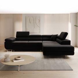 Canapé D'angle Droit Convertible 6 Places En Velours Noir