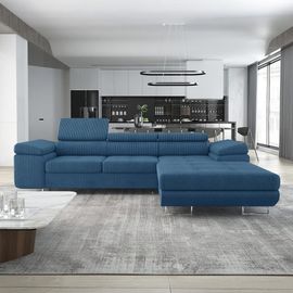 Canapé D'angle Droit Convertible 6 Places En Velours Côtelé Bleu