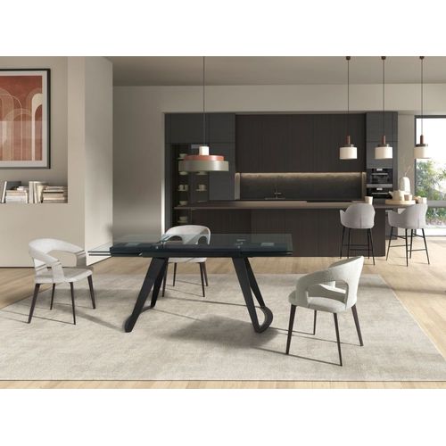 Table À Manger Extensible Rectangulaire En Verre Trempé Et Acier Noir