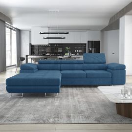 Canapé D'angle Gauche Convertible 6 Places Velours Côtelé Bleu