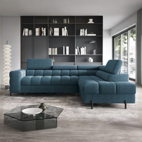 Canapé D'angle Droit Convertible 5 Places En Velours Bleu